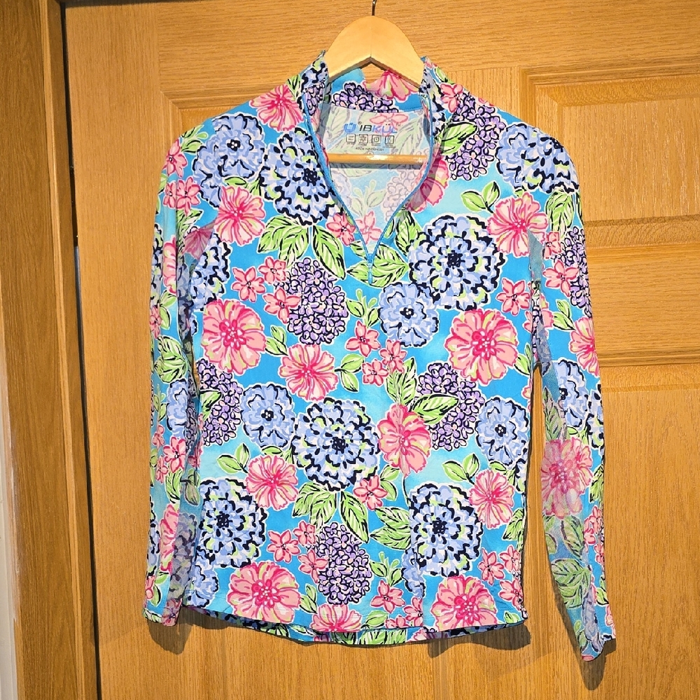 IBKUL Floral Zip Polo in Aqua, Pink & Lavender
